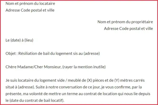 Modèle de lettre pour la résiliation de bail. Le locataire informe le propriétaire de sa décision de mettre fin au contrat de location.