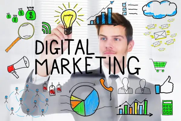 Un hombre dibuja en una pantalla: "DIGITAL MARKETING". Iconos de dinero, lupa, megáfono, red, bombilla, gráficos, emails, carrito, pulgar arriba y calculadora ilustran de que trata el marketing digital.