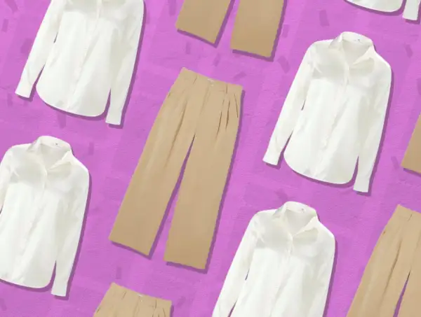 Weiße Blusen und beige Hosen – die Basis für eine vielseitige capsule wardrobe liste. Minimalistisch und schick.