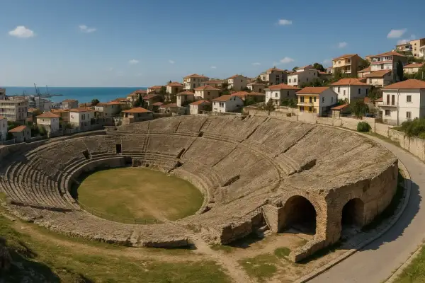 Starożytny amfiteatr w Durres, Albania, z widokiem na morze i miasto.