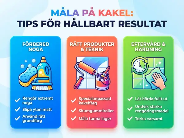 Tips för att måla kakel: förbered noga, använd rätt produkter och teknik, samt sköt eftervård och härdning för ett hållbart resultat.
