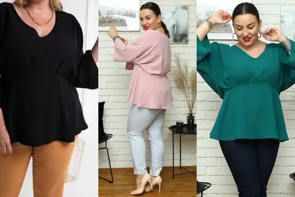 Trzy kobiety w bluzkach z baskinką: czarnej, pudrowej i zielonej. Eleganckie fasony podkreślające sylwetkę.