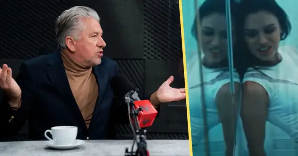 Mężczyzna w garniturze i golfie rozmawia przy mikrofonie, obok fragment teledysku z Nataszą Urbańską.