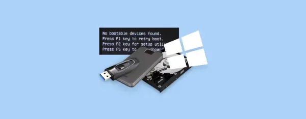 Komputer nie widzi dysku, wyświetla komunikat "No bootable devices found". Obok pendrive i otwarty dysk twardy.