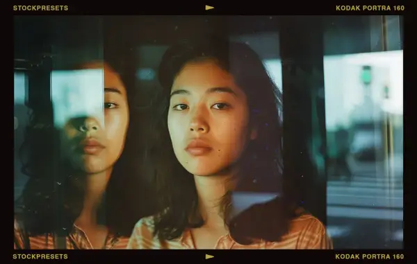 A young woman's face is reflected in glass, with a subtle comparison between Portra 160 and 400 film tones.