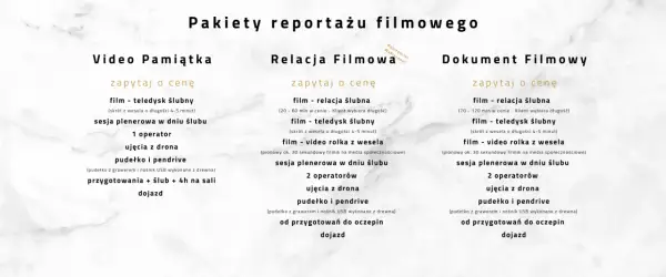 Pakiety reportażu filmowego: Video Pamiątka, Relacja Filmowa, Dokument Filmowy. Sprawdź cennik fotografa i wybierz idealny pakiet na swoje wesele.