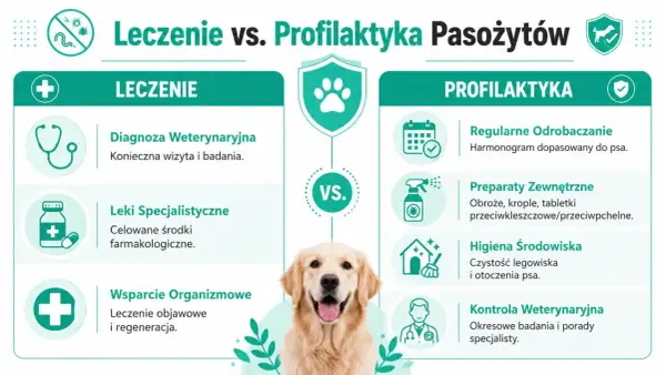 Grafika porównuje leczenie i profilaktykę nicieni u psa. Zawiera informacje o diagnozie, lekach, wsparciu organizmu, odrobaczaniu, preparatach zewnętrznych, higienie i kontroli weterynaryjnej.