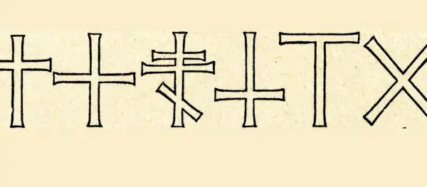Verschiedene Kreuzformen, darunter ein Paulus-Kreuz, auf hellem Untergrund.
