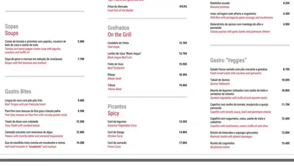 Menu z daniami z grilla, w tym steki T-bone i wołowe. Ceny madera są zróżnicowane, od 12,70€ za polędwicę wołową.