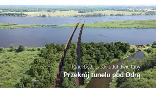 Wizualizacja tunelu pod Odrą, części zachodniej obwodnicy Szczecina. Dwie tuby tunelu przebiegają pod rzeką, otoczone zielenią.