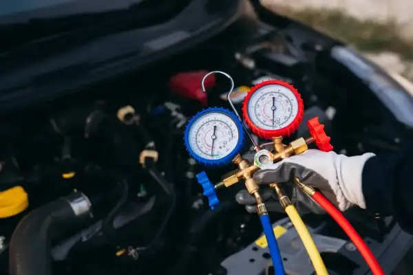 Mechanik z rękawiczką trzyma manometry do nabicia klimatyzacji. Sprawdza cenę usługi.