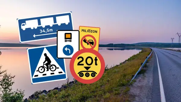 Trafikskyltar för inspektion bil: lastbilslängd, cykelöverfart, miljözon, viktbegränsning och körfältsinformation.