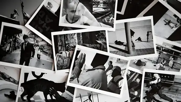 A collage of black and white photos, showing street scenes, people, and animals. This is the best way to organize photos, creating a visual story.