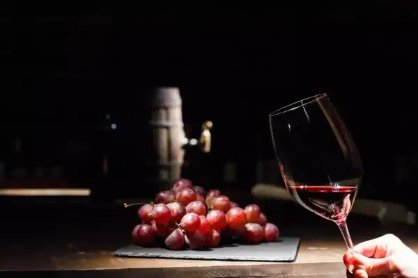 Czerwone winogrona i kieliszek wina, a w tle beczka. Czy wino bezalkoholowe ma alkohol? To pytanie nurtuje wielu miłośników tego trunku.