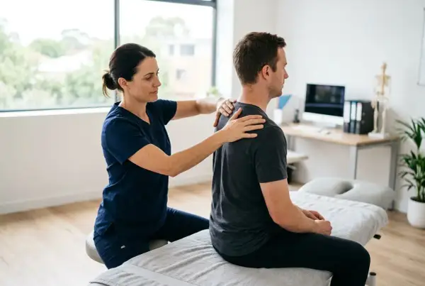 Thérapeute massant le dos d'un homme pour soulager une contracture musculaire.