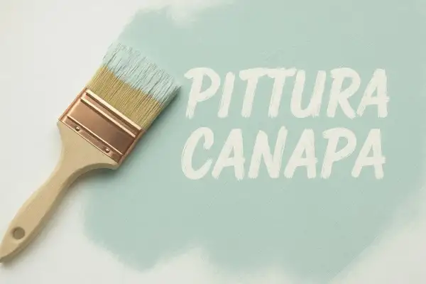 Pennello con calce a pennello che crea la scritta "PITTURA CANAPA" su una superficie chiara.