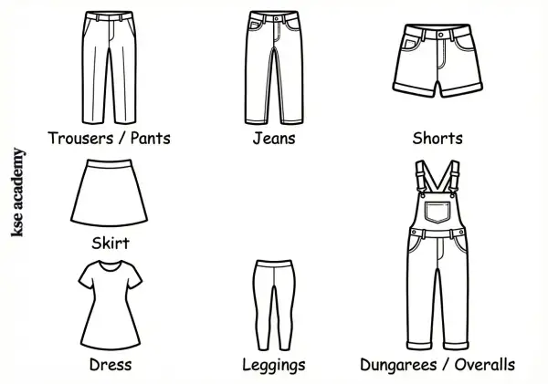Ilustración de diferentes tipos de ropa: pantalones, jeans, shorts, falda, vestido, leggings y overol.