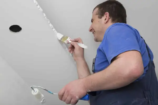 Un peintre applique une peinture blanche au pinceau sur un mur, utilisant un rouleau pour une autre surface. C'est un bon exemple de quel type de peinture pour les murs.