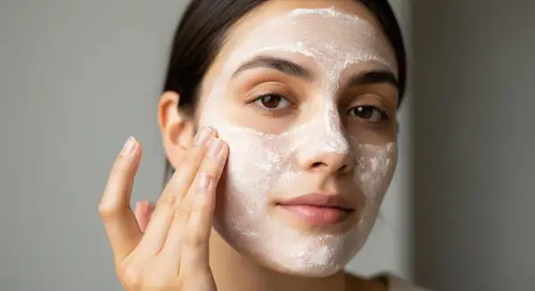 Une femme applique un masque blanc sur son visage, peut-être un soin à l'acide rétinoïque pour le visage.