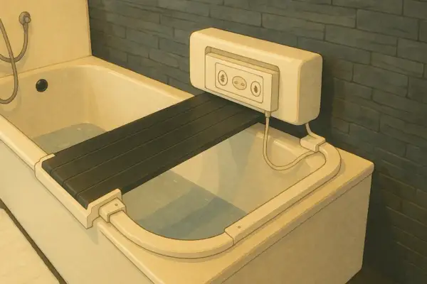 Ein schwenkbarer Badewannenlifter mit Bedienfeld, der die Krankenkasse unterstützt, erleichtert das Baden.