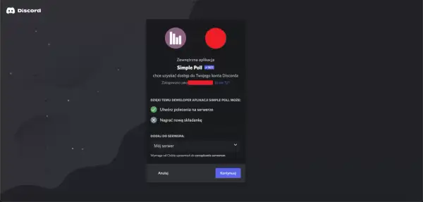 Ekran autoryzacji bota Simple Poll na Discordzie. Dowiedz się, jak zrobic ankiete na Discordzie, dodając bota do swojego serwera.