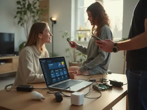 Trois personnes interagissent avec un ordinateur portable affichant une interface de domotique, possiblement pour configurer un système zigate jeedom.