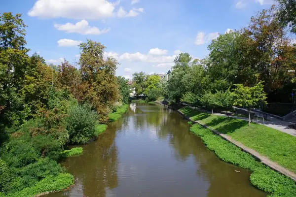 Spokojna rzeka Młynówka w Opolu, otoczona zielenią i drzewami, pod błękitnym niebem z chmurami.