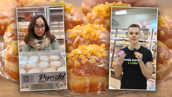 Trzy panele: kobieta z paczkami z Biedronki, zbliżenie na pączka z kandyzowaną skórką pomarańczy, mężczyzna z pączkiem z Lidla.