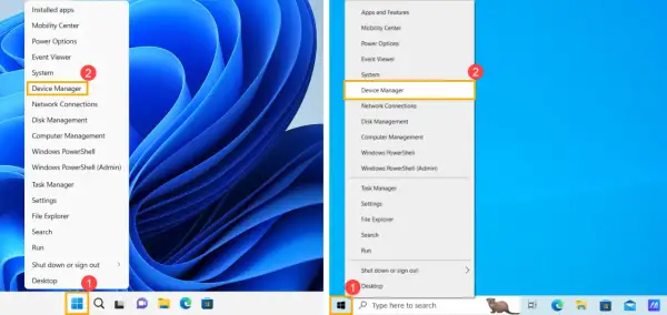Menu kontekstowe Windows 11 z zaznaczonym "Device Manager" (Menedżer urządzeń).