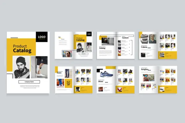 A vibrant product catalogue template showcasing fashion items like jeans, t-shirts, shoes, and sunglasses.