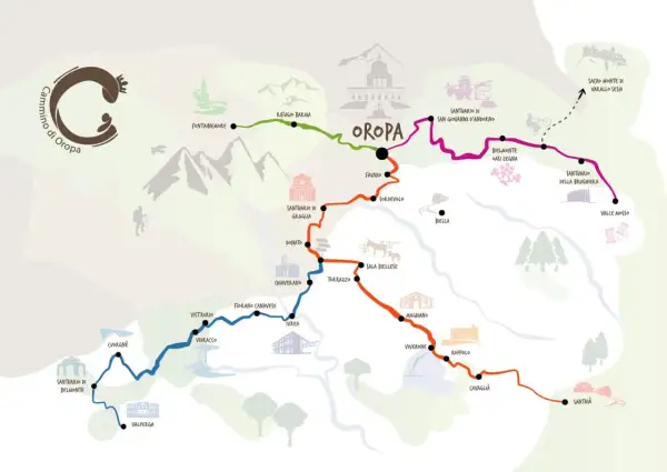 Mappa stilizzata del Cammino di Oropa, un percorso tra santuari e borghi in Italia, con sentieri colorati che attraversano montagne e valli.