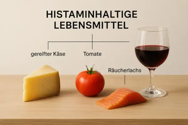 Bei Histaminintoleranz was nicht essen: gereifter Käse, Tomate, Räucherlachs und Rotwein meiden.