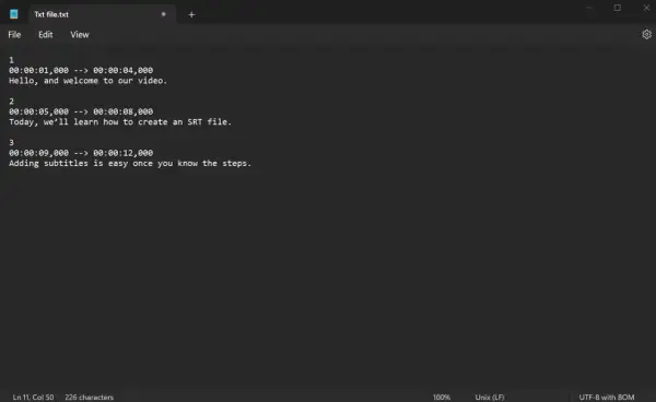 A text editor shows a sample SRT file, demonstrating how to create an SRT file on Mac with numbered subtitles and timestamps.