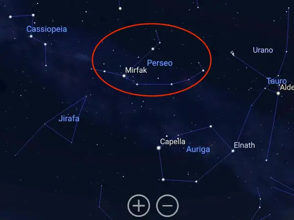 El círculo rojo marca la constelación de Perseo, hacia donde mirar para ver las Perseidas.