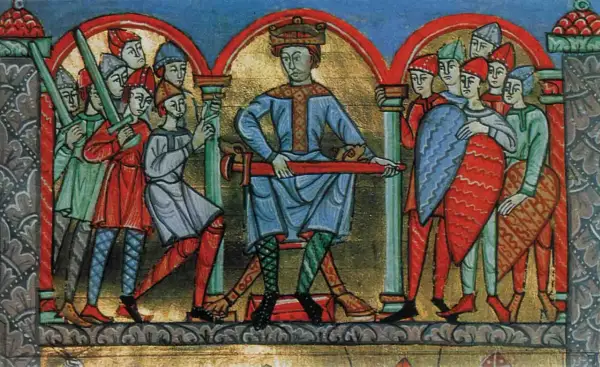 Król z mieczem, otoczony wojownikami. Ilustracja pokazuje, co to wzorce parenetyczne, czyli przykłady cnót i wad.