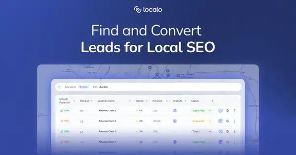 Interfaz de software para optimizar cómo hacer SEO local, mostrando clientes potenciales para "fontanero" en Austin, con su potencial de crecimiento y estado.