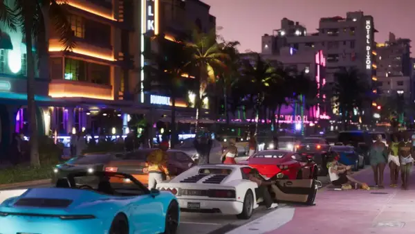 Nocne miasto w stylu Miami, pełne neonów i palm. Widać luksusowe samochody i ludzi, zapowiada się ekscytujący gta 6 gameplay.