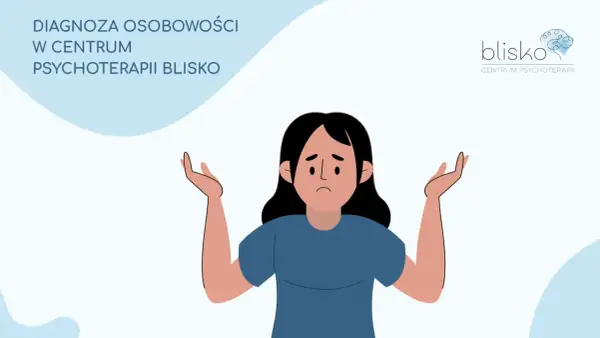 Ilustracja kobiety z uniesionymi rękami i smutną miną, obok logo centrum psychoterapii.