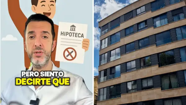 Hombre muestra un documento de hipoteca tachado, mientras un edificio moderno se alza. Pago hipoteca pero no soy propietario.