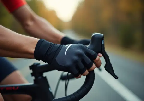 Rowerzysta w rękawiczkach trzyma kierownicę, by zapobiec drętwieniu rąk na rowerze podczas długiej jazdy.