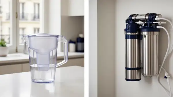 Carafe d'eau filtrée et système de filtration mural. Attention à l'eau filtrée : danger si mal entretenu.