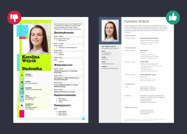 CV wzór Karoliny Wójcik, studentki finansów i rachunkowości, z doświadczeniem w biurze rachunkowym, analizach i grach matematycznych.