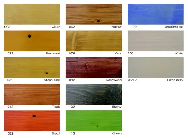 Échantillons de bois teints : du clair au teck, en passant par le bleu outremer et le vert vif. Chaque teinte lasure bois révèle la beauté naturelle du bois.