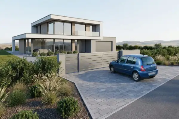 Une voiture bleue est garée devant une maison moderne. L'allée pavée et le portail suggèrent un endroit sûr où garer sa voiture plus de 7 jours.