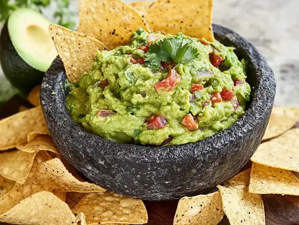 En skål med krämig guacamole, perfekt för ditt nästa guacamole recept. Serveras med tortillachips och en halv avokado i bakgrunden.