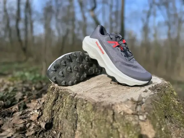 Szare buty trailowe Salomon Ultra Glide 3 z czerwonymi akcentami stoją na pniu drzewa w lesie.