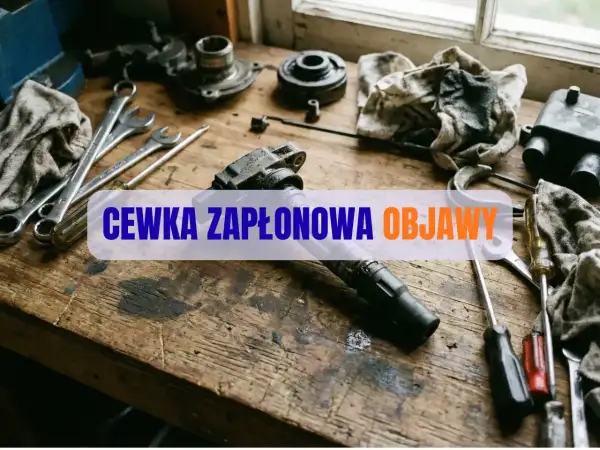 Warsztat samochodowy z narzędziami i częściami. Widoczna cewka zapłonowa, klucze, śrubokręty i szmaty.