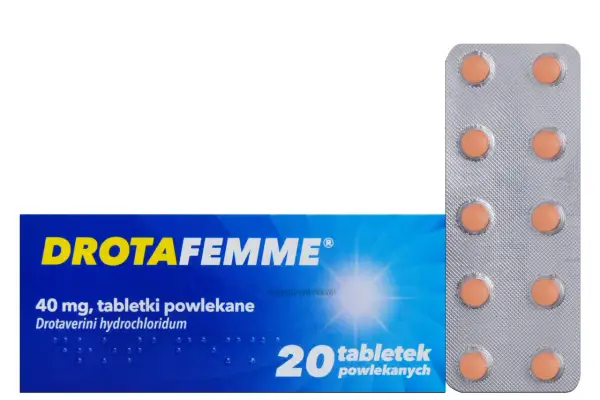 Opakowanie leku Drotafemme 40 mg, 20 tabletek powlekanych. Blister z tabletkami.