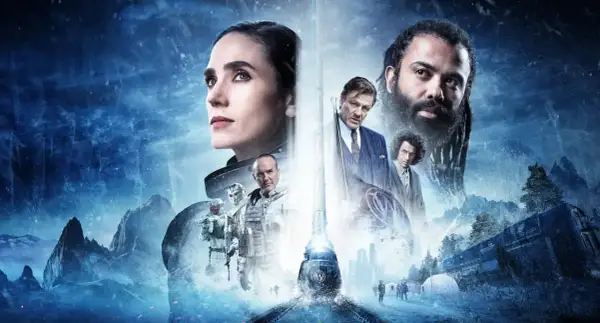 Postapokaliptyczny świat i pociąg-miasto w filmach sf. Jennifer Connelly, Sean Bean i Daveed Diggs w mroźnej scenerii.
