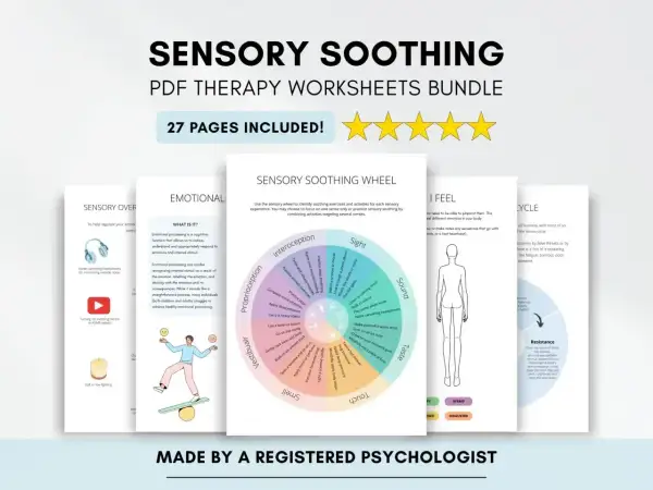 Zestaw arkuszy terapeutycznych "Sensory Soothing" pomaga zrozumieć i radzić sobie z różnymi stopniami autyzmu, oferując ćwiczenia sensoryczne.